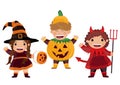 Halloween Party. Group of kids in halloween costume. Vector illustration. Royalty Free Stock Photo